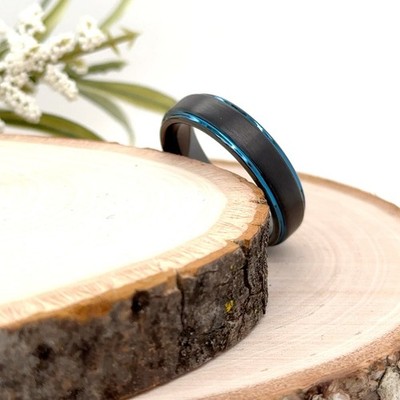 6mm Black Tungsten Carbide Christmas Gif Ring Blue Polished Lining Engraved Band