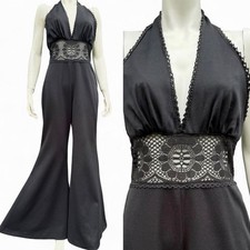 1960s 1970s BELL BOTTOM JUMPSUIT Vintage Romper Black HUGE BELLS Frederick  s M