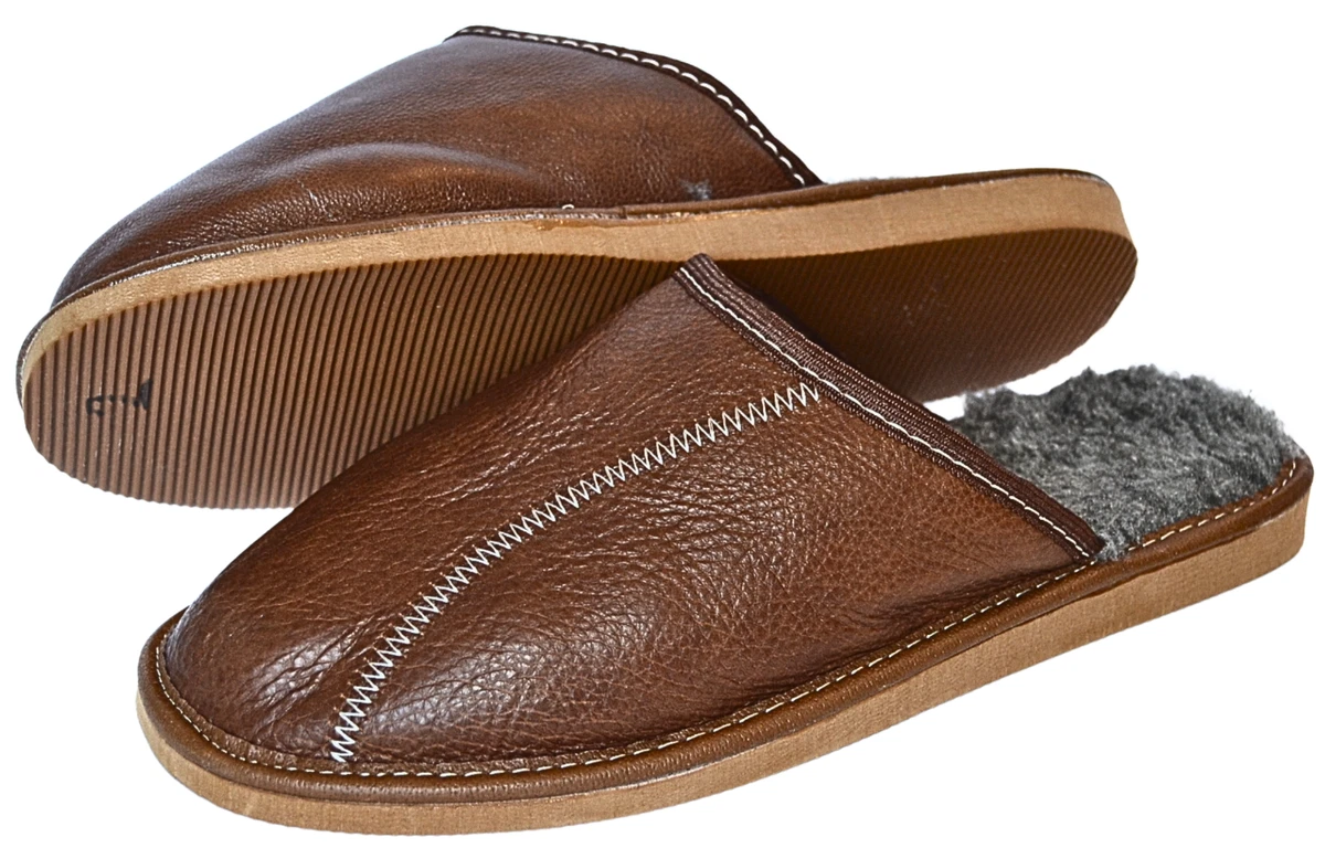 Herren Leder Hausschuhe Braun Schaffell Gefüttert Lammwolle Pantoffeln Gr.40-47