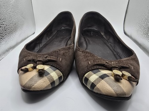Burberry Suede Nova Check Flats Brown Pebbled Leather Charm Cap Toe Size 41 - Picture 2 of 14