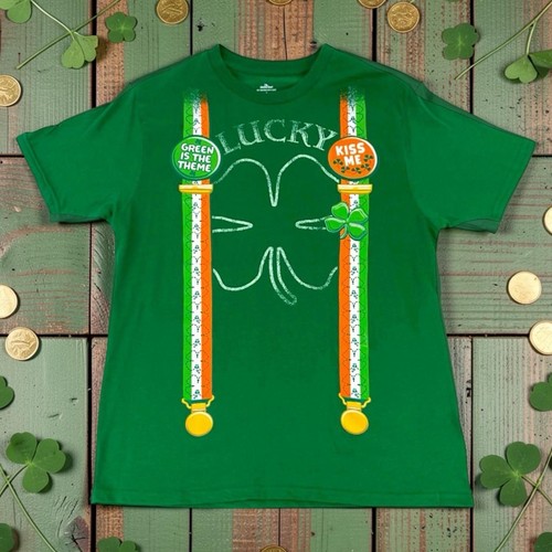 Lucky 4 Leaf Clover Suspenders T-Shirt MENS MED St Patrick's Day Graphic Tee NEW