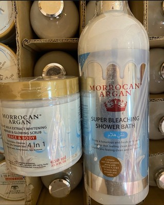 Marokkanisches Argan Super Bleaching Duschgel 1000ml + Ziegenmilchextrakt Peeling 650g