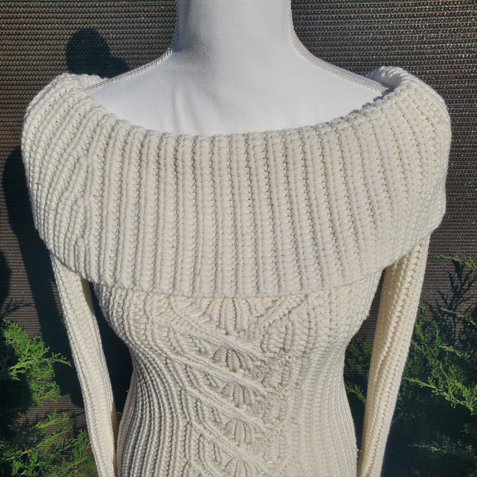 Bebe Y2K Cream Chunky Fisherman Cotton Blend Off Shoulders Knit Sweater Size S - Image 3 of 4