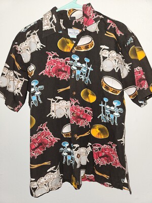 David Carey Rock N Roll Drum Set Button Up Vacation Shirt Size Medium M Black