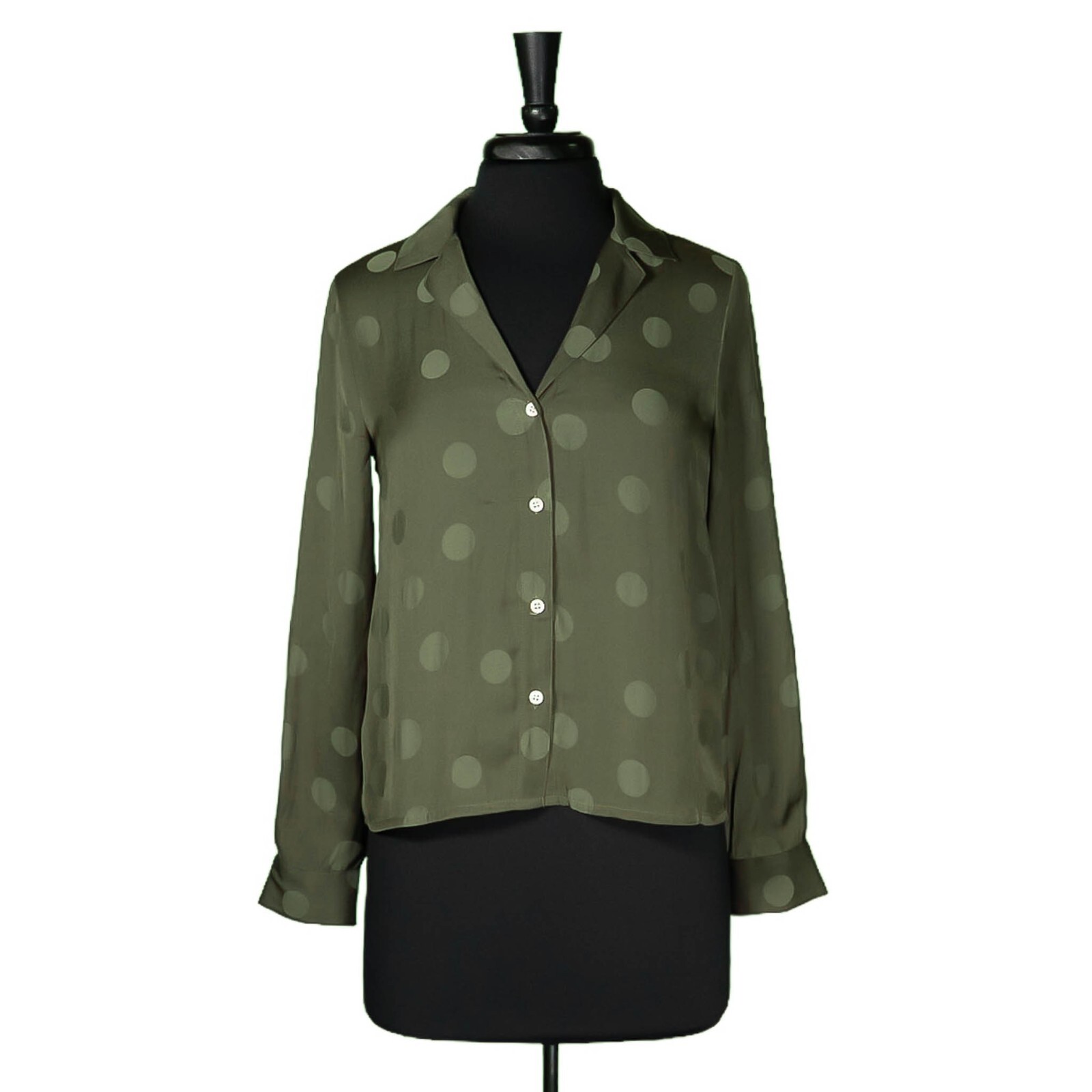 Madewell Womens S Green Polka Dot Blouse Button Up V Neck Long Sleeve Top