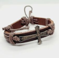 Leather Cross Bracelet Lords Prayer Adjustable Drawstring Brown OSFM