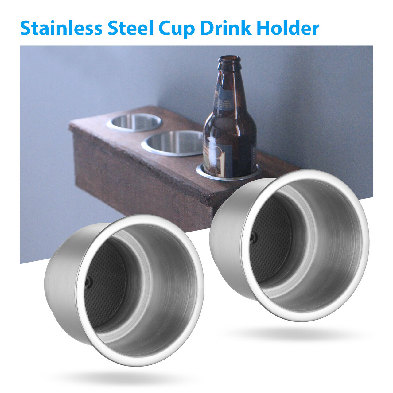 Marine Boat 8 LED Blue Stainless Steel Cup Drink Holder with Drain-for Car Truck