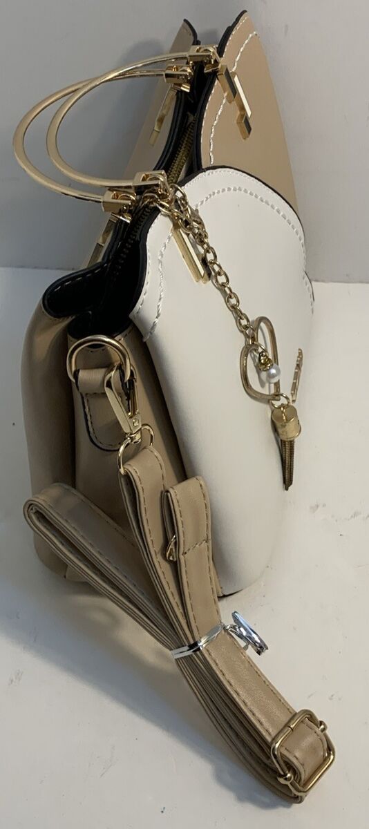 ZZMY Leather (White &Taupe/Beige) Crossbody/Handbag Det ZZMY Leather (White &Taupe/Beige) Crossbody/Handbag Det