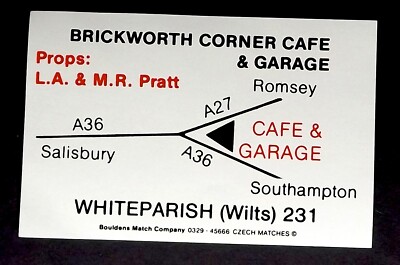Matchbox Label Brickworth Corner Cafe & Garage Whiteparish Wiltshire MG278