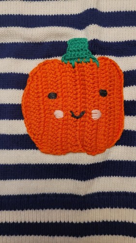 New Navy Stripe Pumpkin Pockets Mini Boden Halloween Cardigan - size 8-9 - Picture 3 of 6