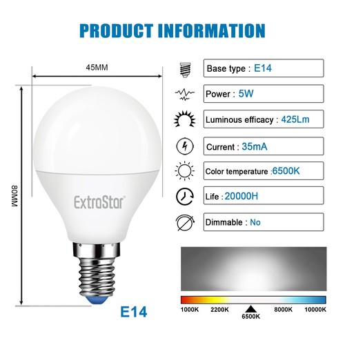 Pack of 6 ,E14 SES LED Golf Round Light Bulb 5W 6W 7W Cold White / Warm White - Picture 14 of 18