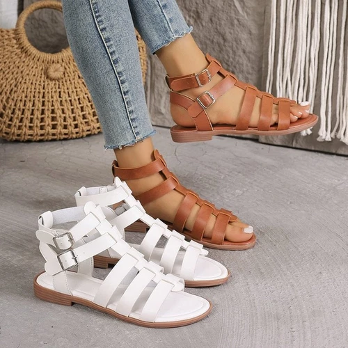 Women Sandals Flats Heels Gladiator Holiday Summer Walks Zip Buckle Shoes Roman - Picture 7 of 11
