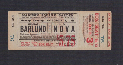 SELTEN 1938 GUNNAR BARLUND vs LOU NOVA Boxticket BURMAN ROBINSON RABIN TUCKER