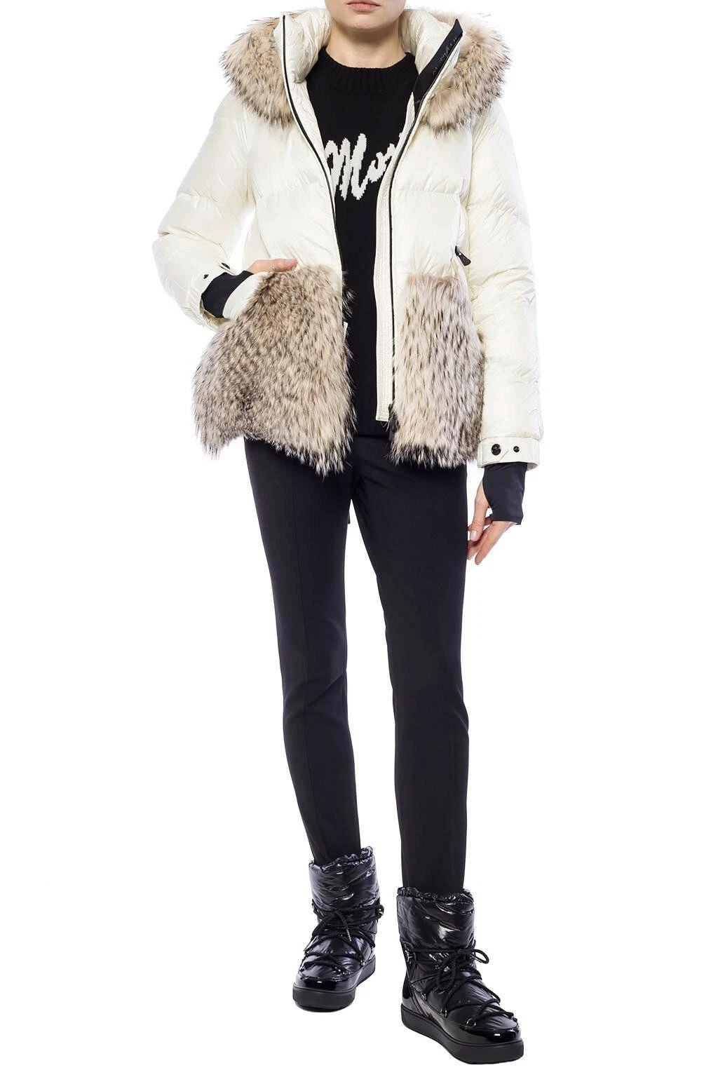 MONCLER GRENOBLE JOUX piumino corto trapuntato cappuccio vera pelliccia bianco 1 S M