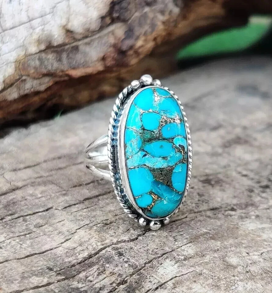 Blue Copper Turquoise Ring Handmade 925 Sterling Silver Boho Ring All Size R147 - Image 4 of 4
