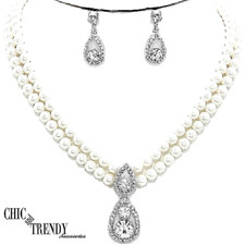 WHITE PEARL CRYSTAL BRIDAL WEDDING PROM FORMAL FASHION NECKLACE JEWELRY SET