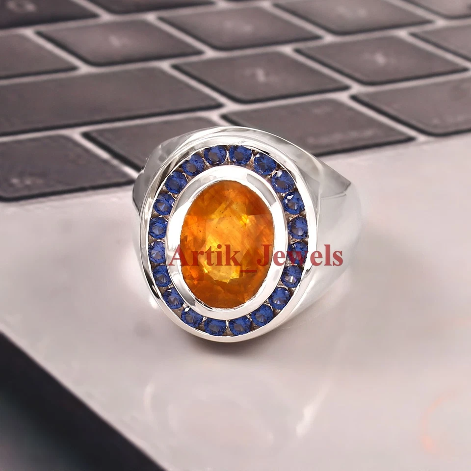 Beheizter Gelber Saphir Edelstein Mit 925 Sterlingsilber Ring Für Herren #1085 - Bild 3 von 4