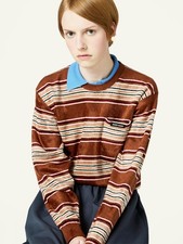 MIU MIU Brown Tobacco Beige Striped Chenille Velour Stretch Knit Top Sweater 38