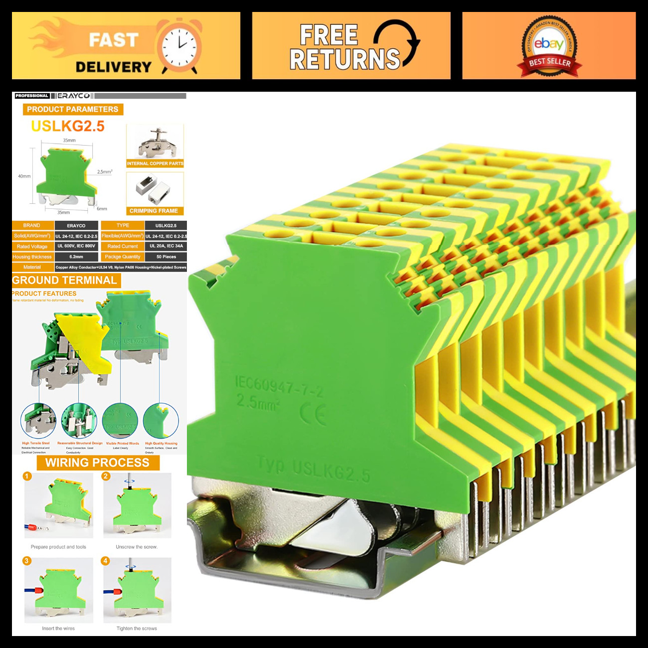 Ground Circuit Connection Terminal Block, Screw Clamp, 600V 20A, DIN Rail, 50 Pa