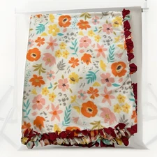 Hand Tied Micro Fleece Blanket 50x60 Red Multi Flowers Soft Cozy Throw