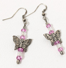 Pink Crystal Butterfly Dangle Pierced Earrings Beautiful Decor Fancy Jewelry