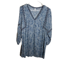 Old Navy Dress Women's Petite Small Blue Floral Shift Boho V-Neck Long Sleeve