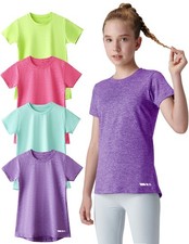 4 Pack: Youth Girls Athletic Shirts, Short Sleeve Dry Fit Apparel Tech Tshirt...