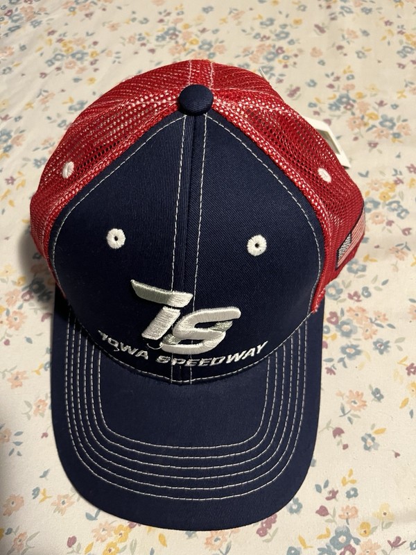 Iowa Speedway NASCAR Mesh Trucker Hat Cap Navy Red White American Flag Brim