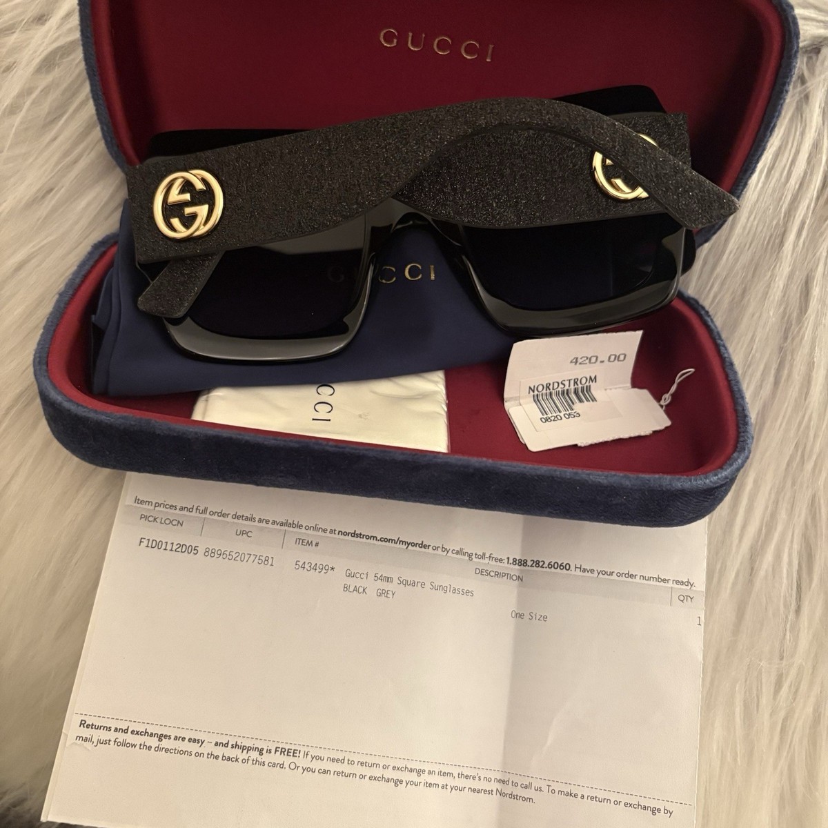 Gucci GG0102S 001 Oversized Black Sunglasses with Sparkles Arms AUTH Gucci Black Glitter Arm GG0102S Oversized 54mm Square  main image 2