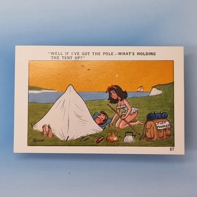 Comic Postkarte um 1978 Just Married Wanderer Flitterwochen Camping Zeltstange QUIP