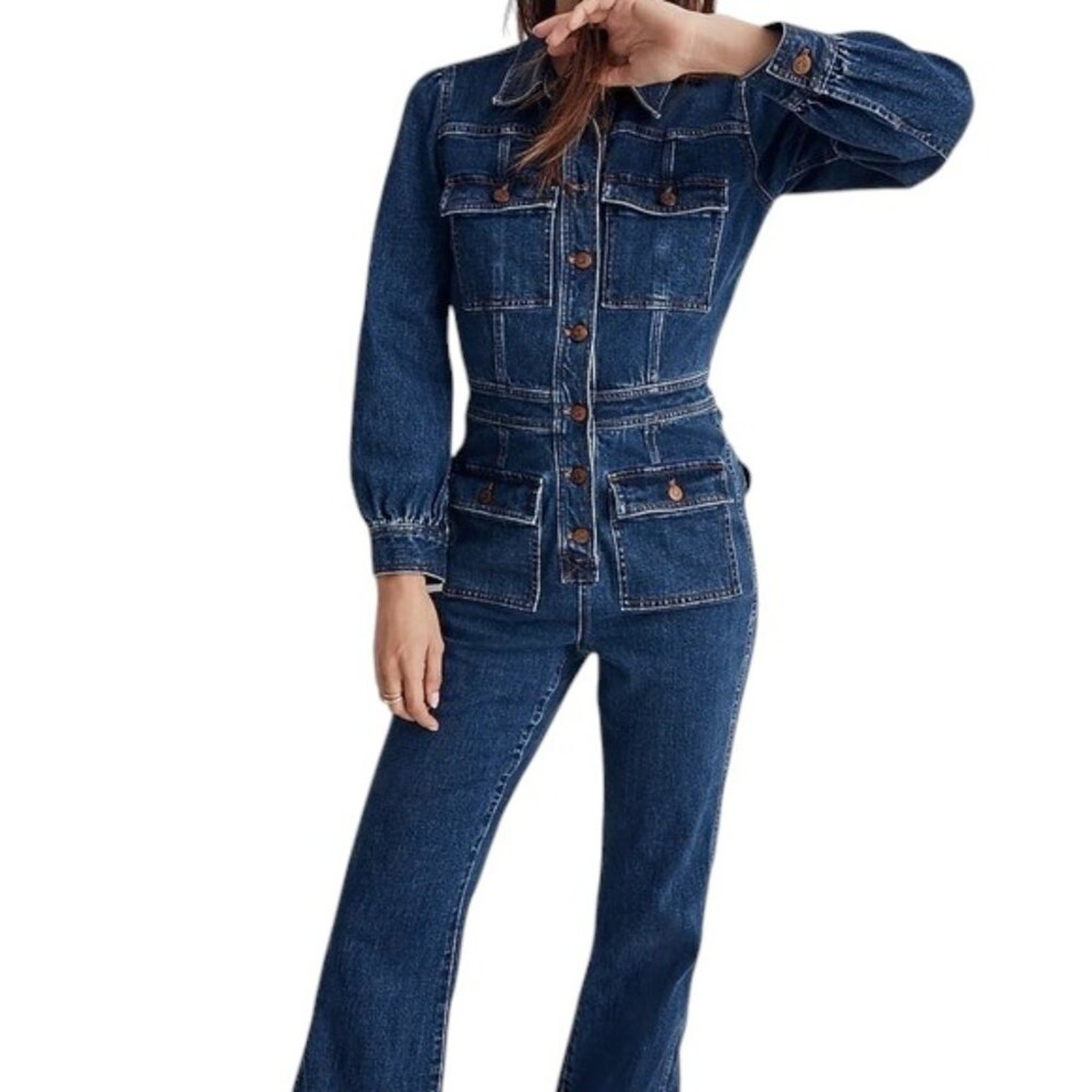Madewell Denim Long Sleeve Jumpsuit SIZE 8 Indigo Utility Coveralls Raw Hem