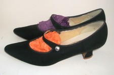 Vintage Sixties Pointy Black Faille Mary Jane Kitten Heel Pumps 9AA