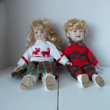 Brother & Sister Twins Christmas Set Interpur International Porcelain Dolls VTG