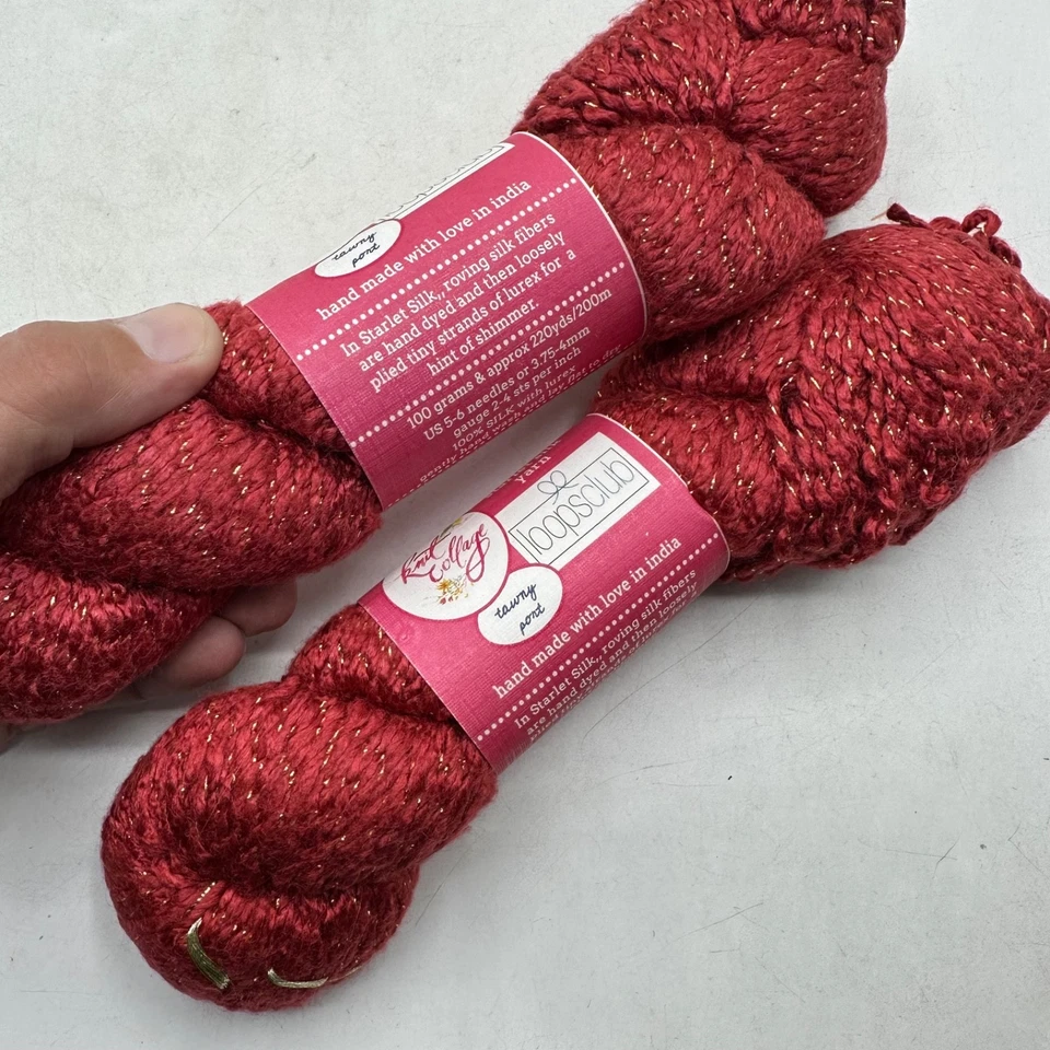 Lote de 2 madejas de hilo de seda Starlet hiladas a mano rojas con lurex dorado Foto 4 de 4