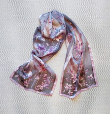 100 Silk Scarf Pink Brown Gray Floral Oblong 11x52 Lightweight by Anne Klein