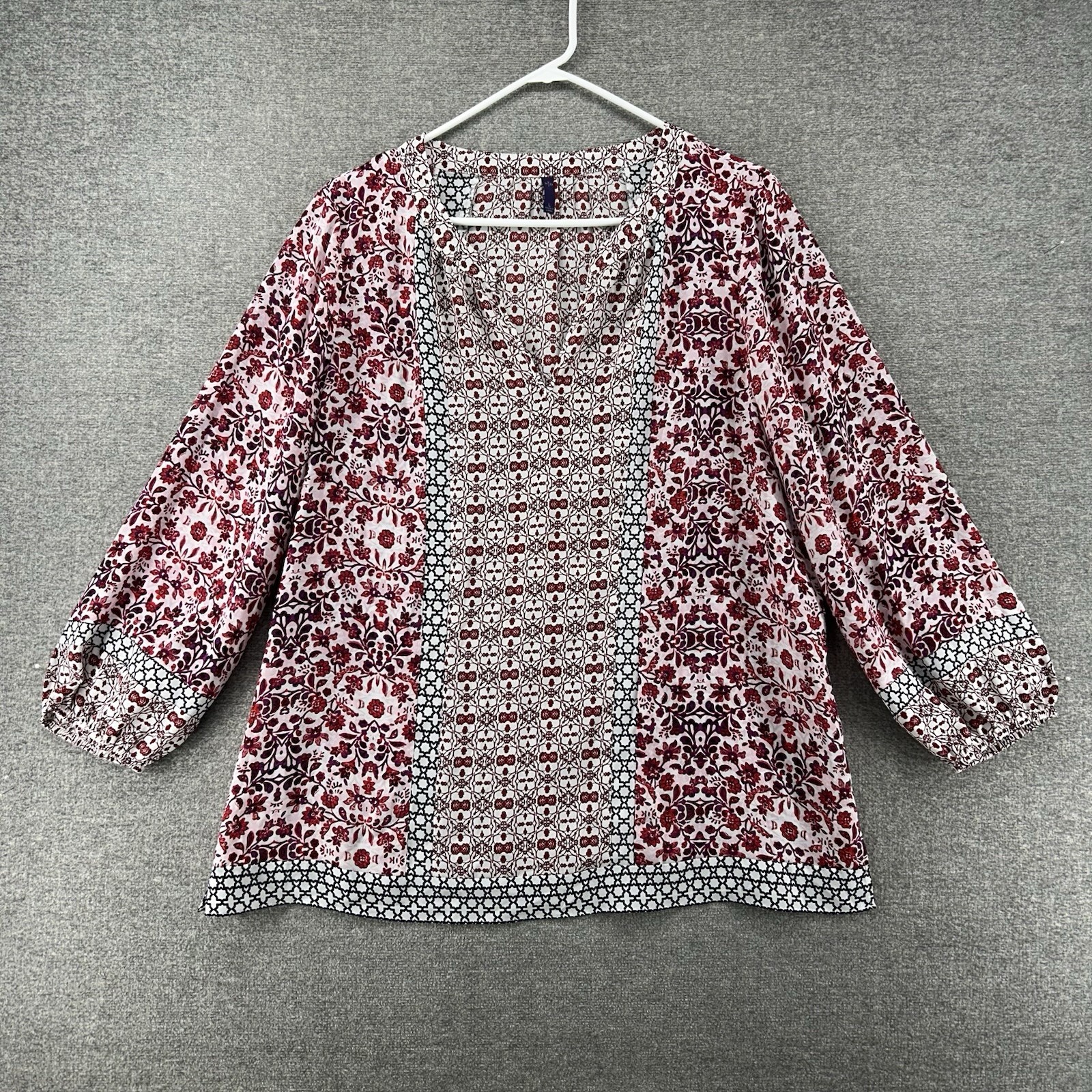 NYDJ Tunic Top Women Size Large Geometric Red Casual 3/4 Sleeve