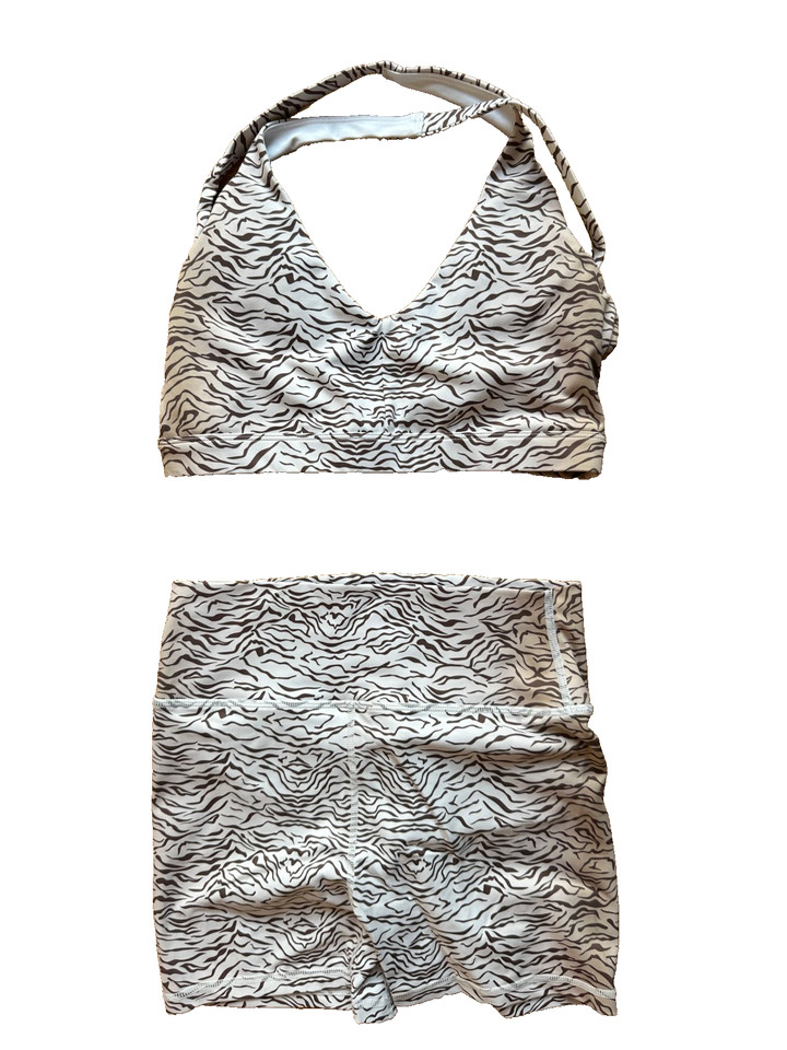 RARE Sport Short & Crop Set Medium White Brown Animal Print Yoga Pilates Gym Run