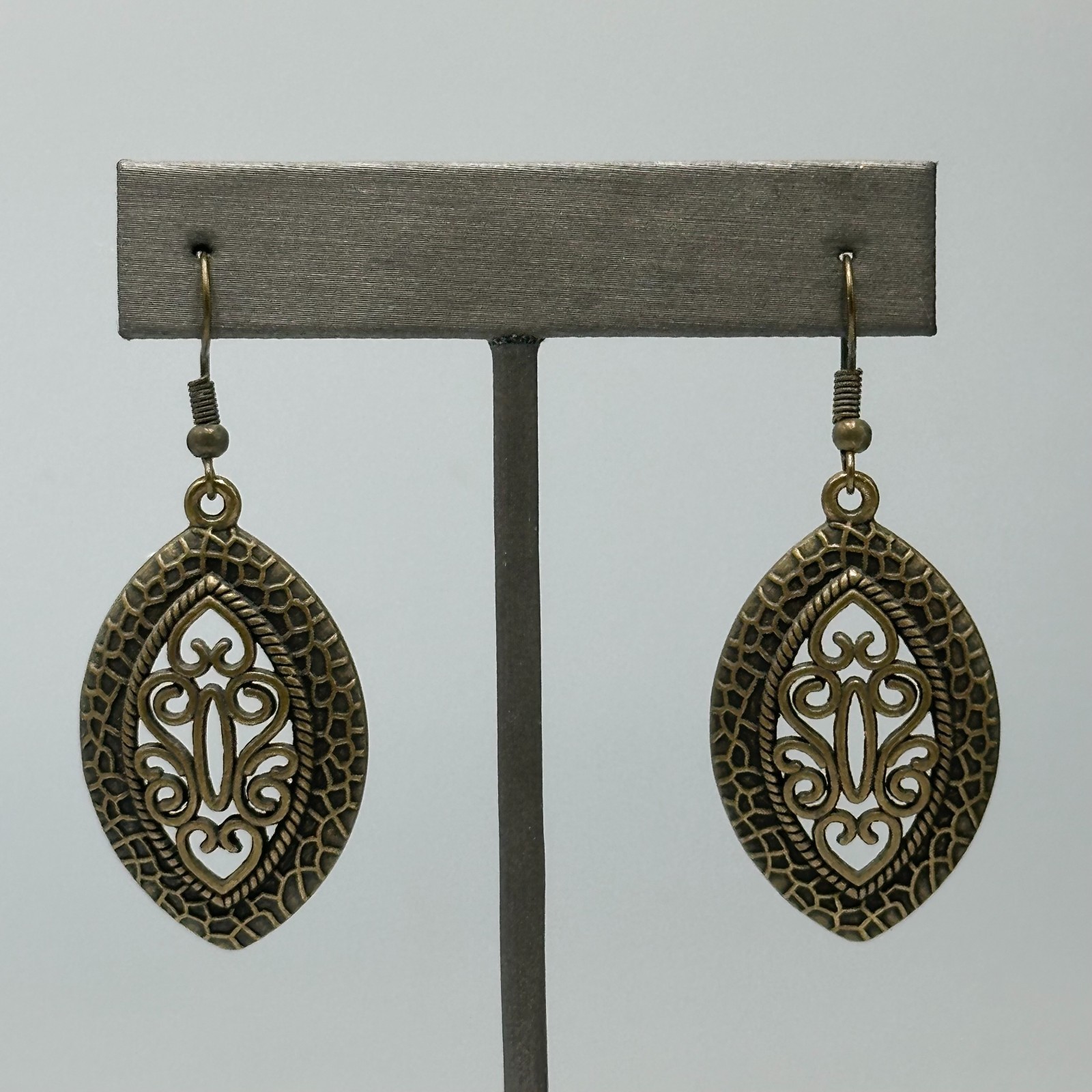 Scroll Dangle Earrings Brass Tone Openwork Oval P… - image 3