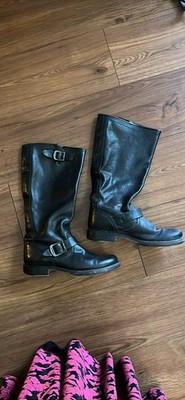 Frye Women s Black Leather Mid-Calf Biker Boots Round Toe Buckle 77605
