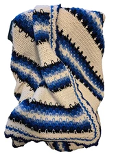 Hand Made Crocheted Lap Blanket Blue White Reversible 50x72