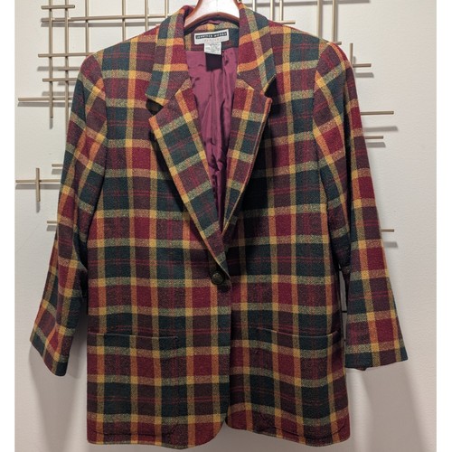 VTG 90s Jennifer Moore Petites Tartan Plaid Blazer Jacket Women L Dark Academia - Image 1