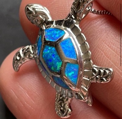 Ozeanblau Opal Halskette MEERESSCHILDKRÖTE ANHÄNGER Inlay 18'' 925 Sterling Silber HAWAII