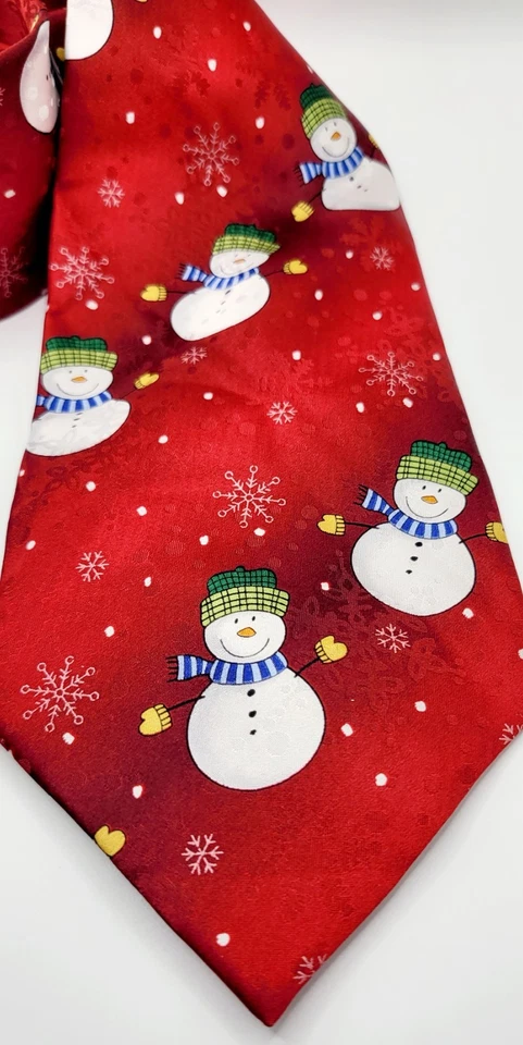 Винтажный American Greetings мужской красный шеи галстук снеговик снежинки 100% шелк - Изображение 2 из 4