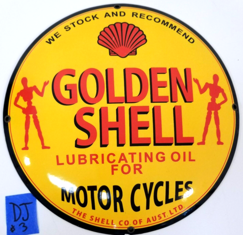Motorcycle GOLDEN SHELL PORCELAIN SIGN GAS OIL LUBRICATE MOTOR PUMP PLATE Round - Picture 1 of 8