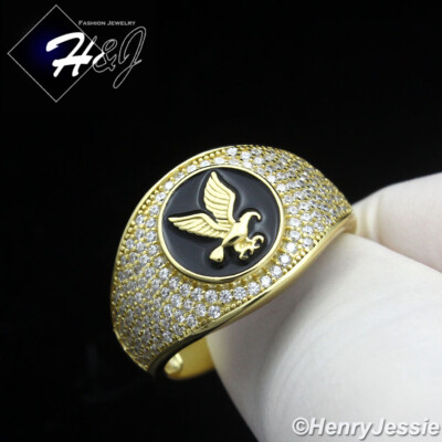 MEN 925 STERLING SILVER ICY BLING CZ GOLD/BLACK PLATED EAGLE RING*GR197 