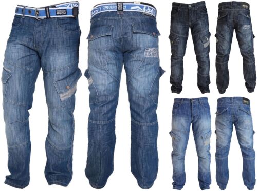 Mens Crosshatch Combat Cargo Jeans Denim Trousers Stone Dark or Light Wash - New - Afbeelding 1 van 4