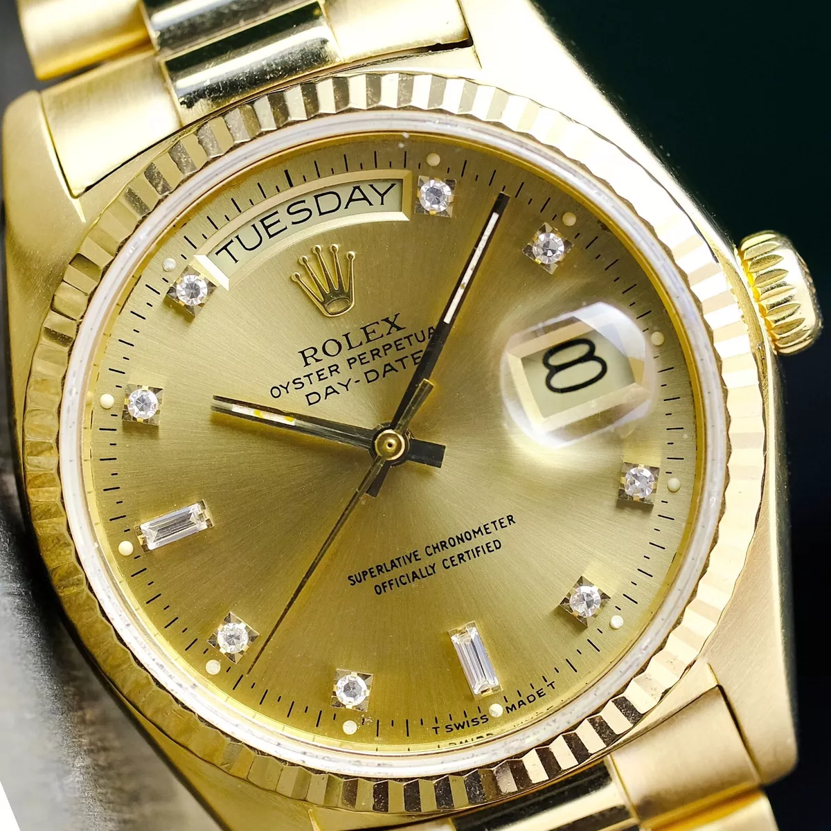 ROLEX MEN S DAY DATE GOLD WATCH FACTORY CHAMPAGNE DIAL FLUTED