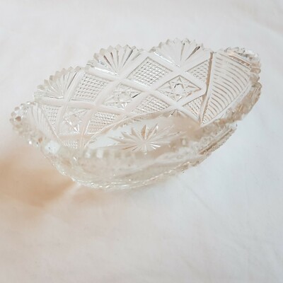 Crystal dish Czech hand cut lead 12cm lattice pattern vintage Czechoslovakia