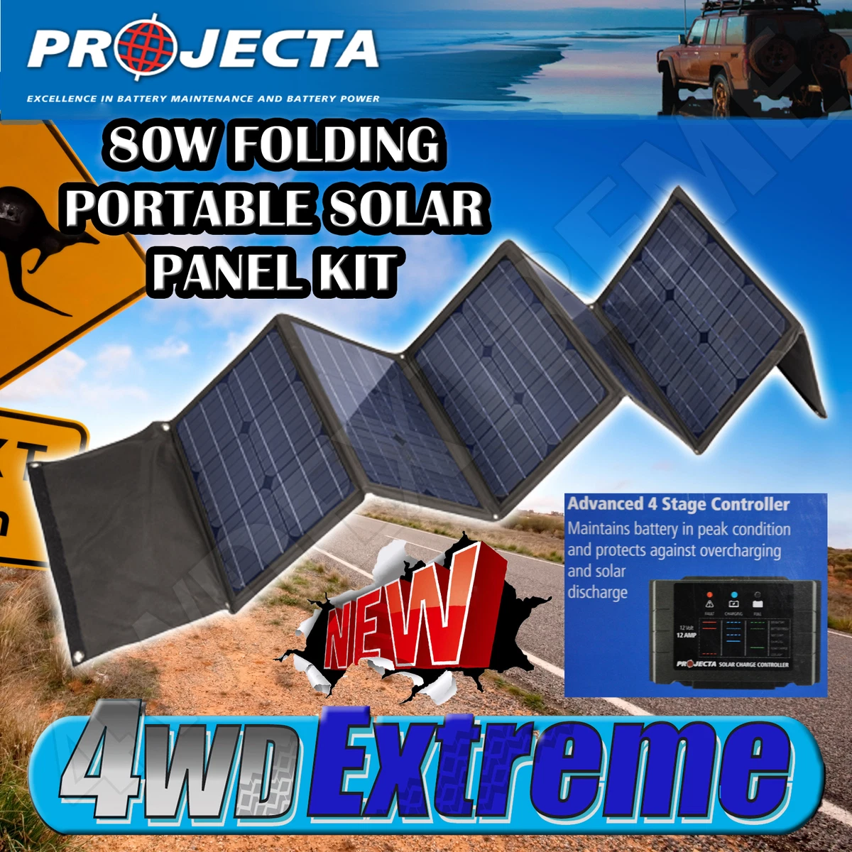 PROJECTA 80W PORTABLE FOLDING SOLAR PANEL KIT 4WD CAMPING SPM80K NEW 4X4 HUNTING