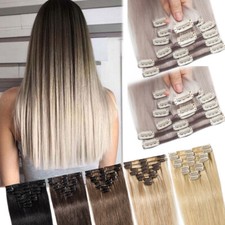 CLEARANCE GREY Clip In Real Remy Human Hair Extensions 8pcs Full Head Curls AAA